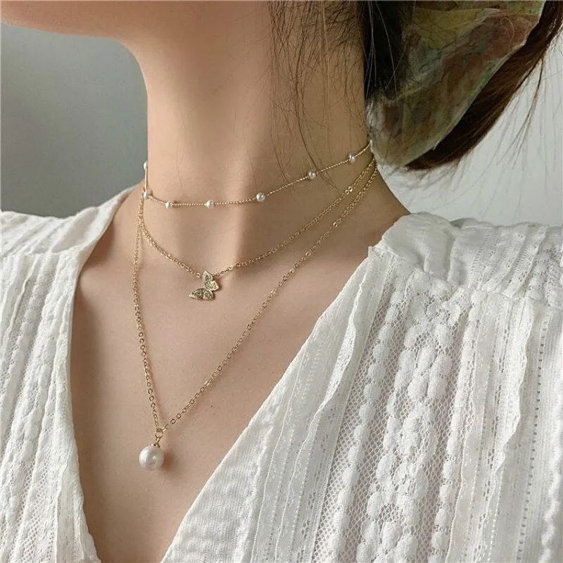 South Korean New Style Temperament Multi   Layer Pearl Collarbone