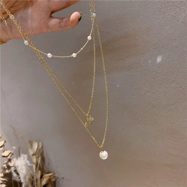 South Korean New Style Temperament Multi   Layer Pearl Collarbone
