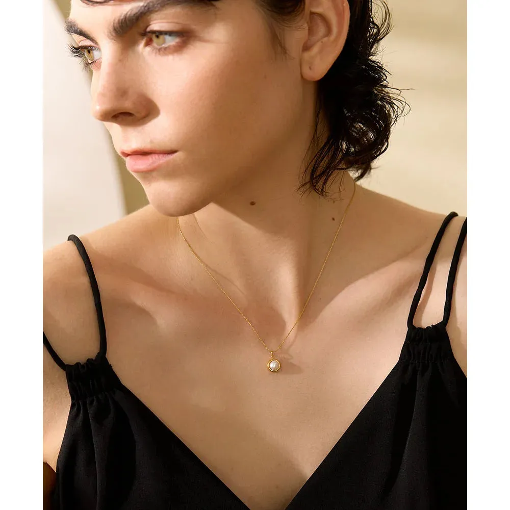 Stainless Steel Natural Freshwater Pearl Round Chic Pendant Necklace for Women Elegant Delicate Stylish Jewelry Gift