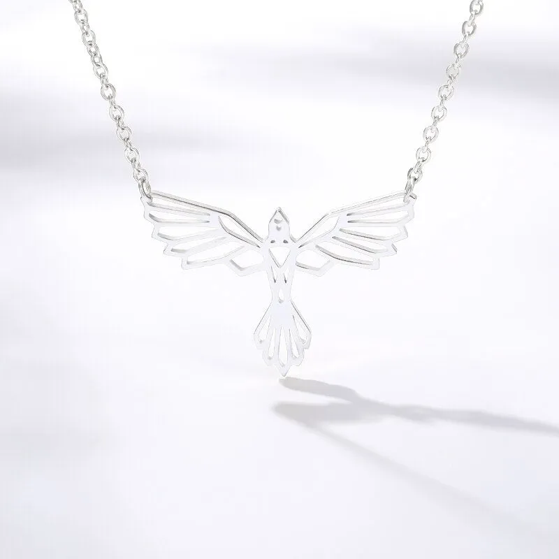 Stainless Steel Phoenix Necklace Origami Bird Pendant Lucky Gift Chain