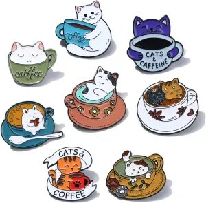 Stiesy 8 Pcs Cute Cat Brooch Pin with Coffee Cup Enamel Kawaii Animal Lapel Pins Cartoon Funny Novelty Badges Brooches Set for Crafting Clothes Hat Bags Decoration Jewelry