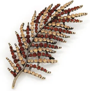 Stunning Large Crystal Leaf Brooch In Antique Gold Metal (Champagne/Amber Coloured) - 9cm Length