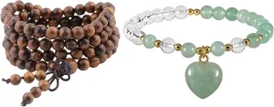 SUNYIK Pack of 2 Black Rosewood 108 Tibetan Buddhist Mala Bracelet & Natural Crystal Beads Bracelet with Heart Charm