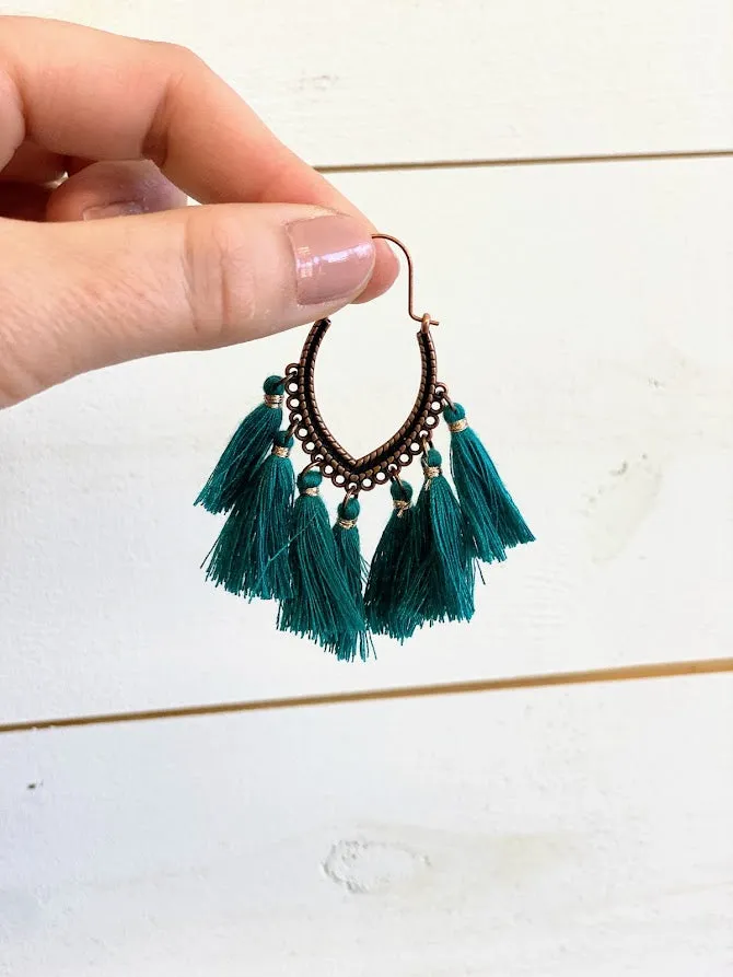 Teal Bohemian Vintage Long Fringe Earrings