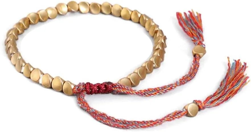 Tibet Bracelet with Agate Beads Copper, Handmade Tibetan Buddhist Braided Cotton Copper Beads Lucky Rope Bracelet Unisex