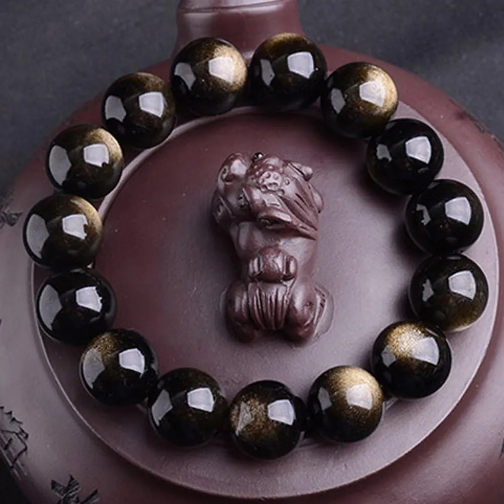 Tibetan 28 Mala Bead Gold Obsidian Buddhist Buddha Prayer Beads Bracelet,Stretch String,Unisex