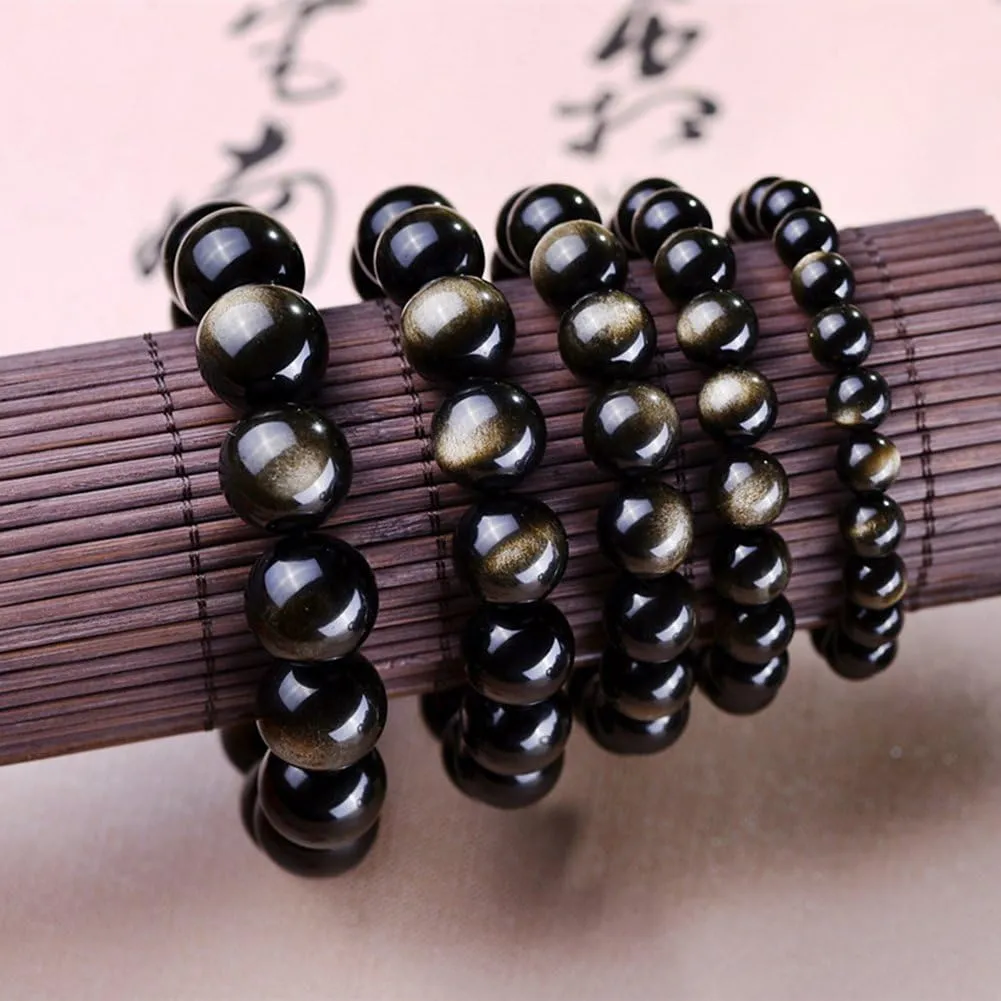 Tibetan 28 Mala Bead Gold Obsidian Buddhist Buddha Prayer Beads Bracelet,Stretch String,Unisex