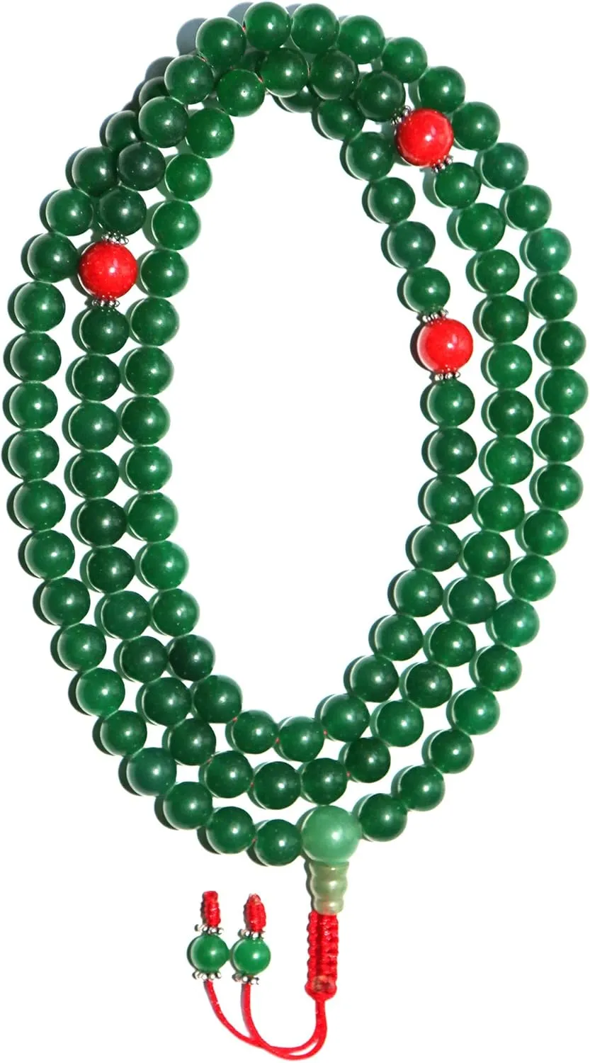 Tibetan Buddhist green Jade stone mala, Designed Mala,108 Bead (Coral Spacer Bead, 8 MM)