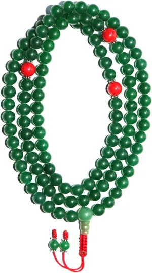 Tibetan Buddhist green Jade stone mala, Designed Mala,108 Bead (Coral Spacer Bead, 8 MM)