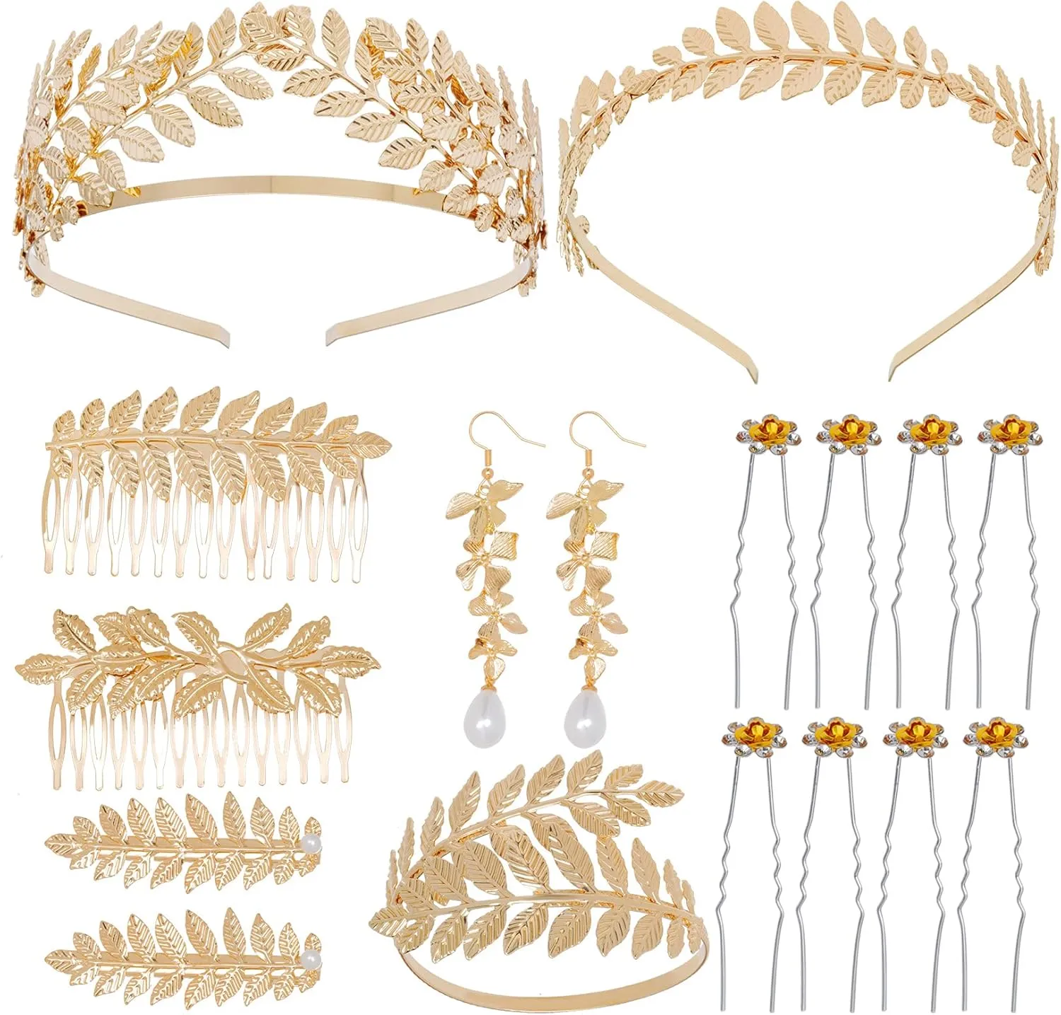 Tongcloud 18pcs Hair Accessories Set: Greek Roman Laurel Leaf Headbands, Hair Combs, Hair Clips, Earrings & Pins for Women, Bridal, Costume Party