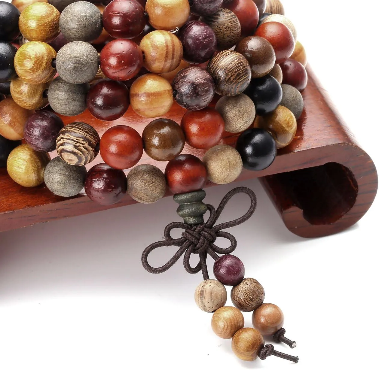 Top Plaza Unisex 108 Natural Wood 6mm 8mm Beads Bracelet Buddhist Rosary Mala Necklace(8mm Sandalwood Duobao)