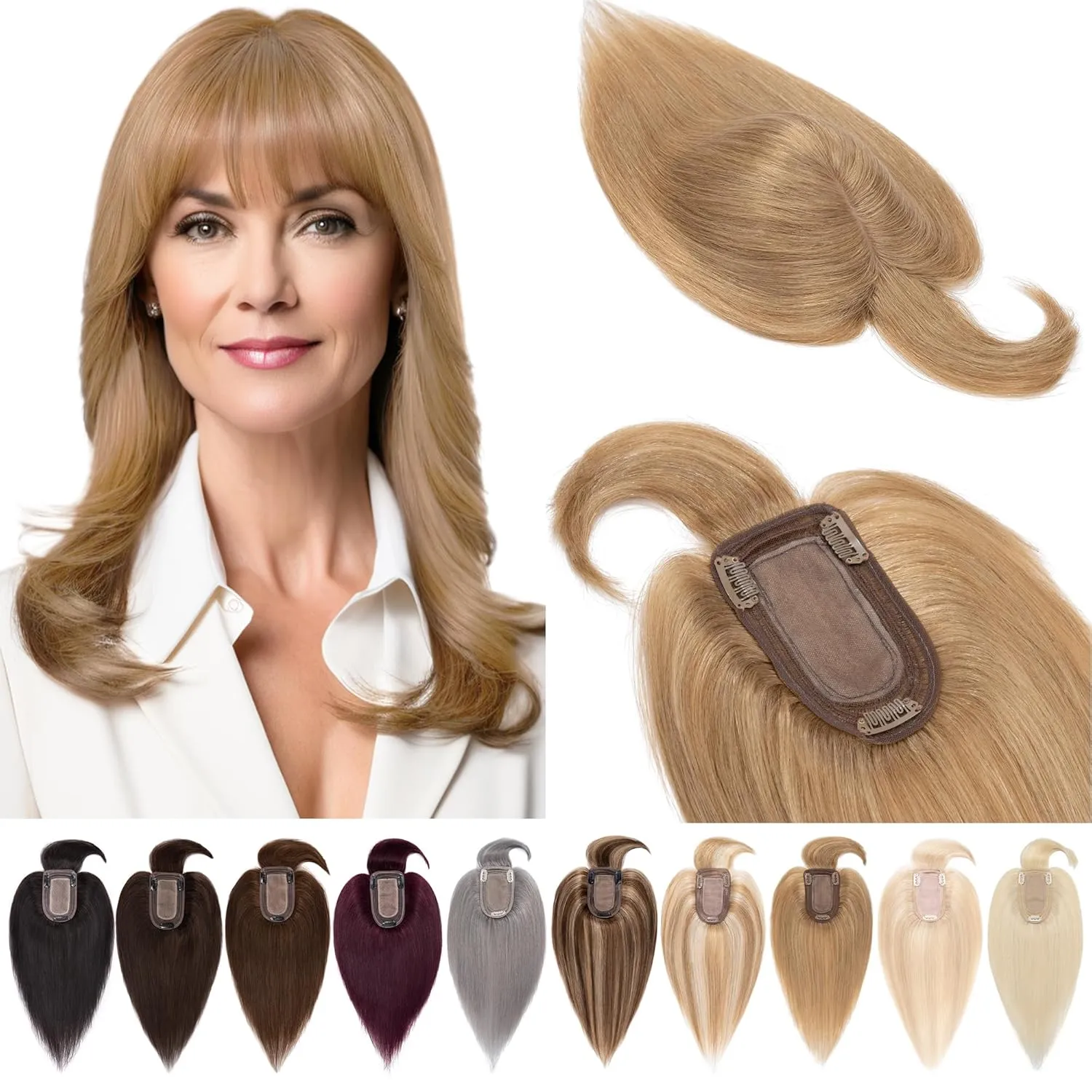 Toppers for Women With Bangs - Real Human Hair, 7 * 13 CM Silk Base Clip In Topper Hairpieces Wiglet for Thinning Hair - 6 Inch Dark Blonde