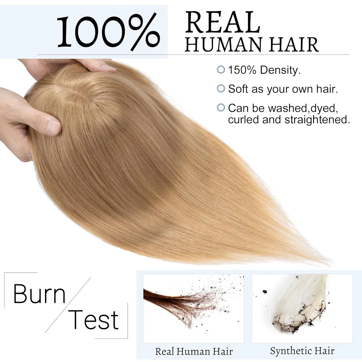 Toppers for Women With Bangs - Real Human Hair, 7 * 13 CM Silk Base Clip In Topper Hairpieces Wiglet for Thinning Hair - 6 Inch Dark Blonde