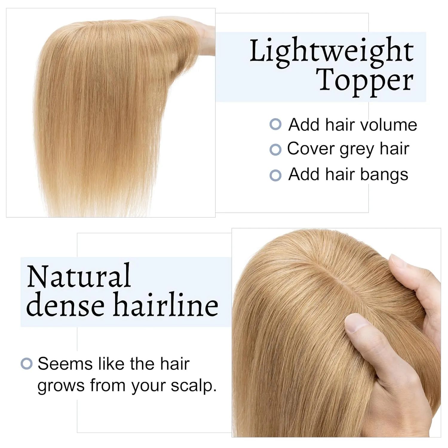 Toppers for Women With Bangs - Real Human Hair, 7 * 13 CM Silk Base Clip In Topper Hairpieces Wiglet for Thinning Hair - 6 Inch Dark Blonde