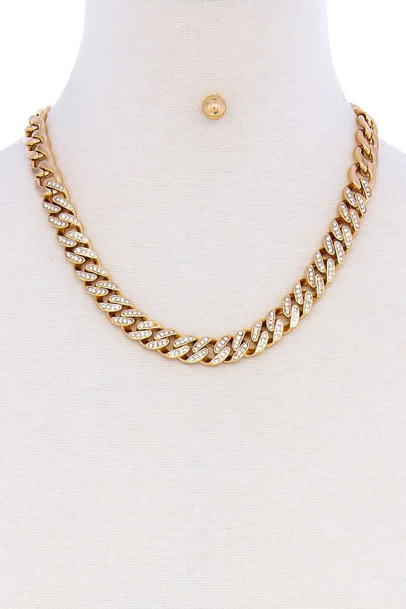 Trendy Multi Rhinestone Accent Thick Chain Necklace And Earring Set