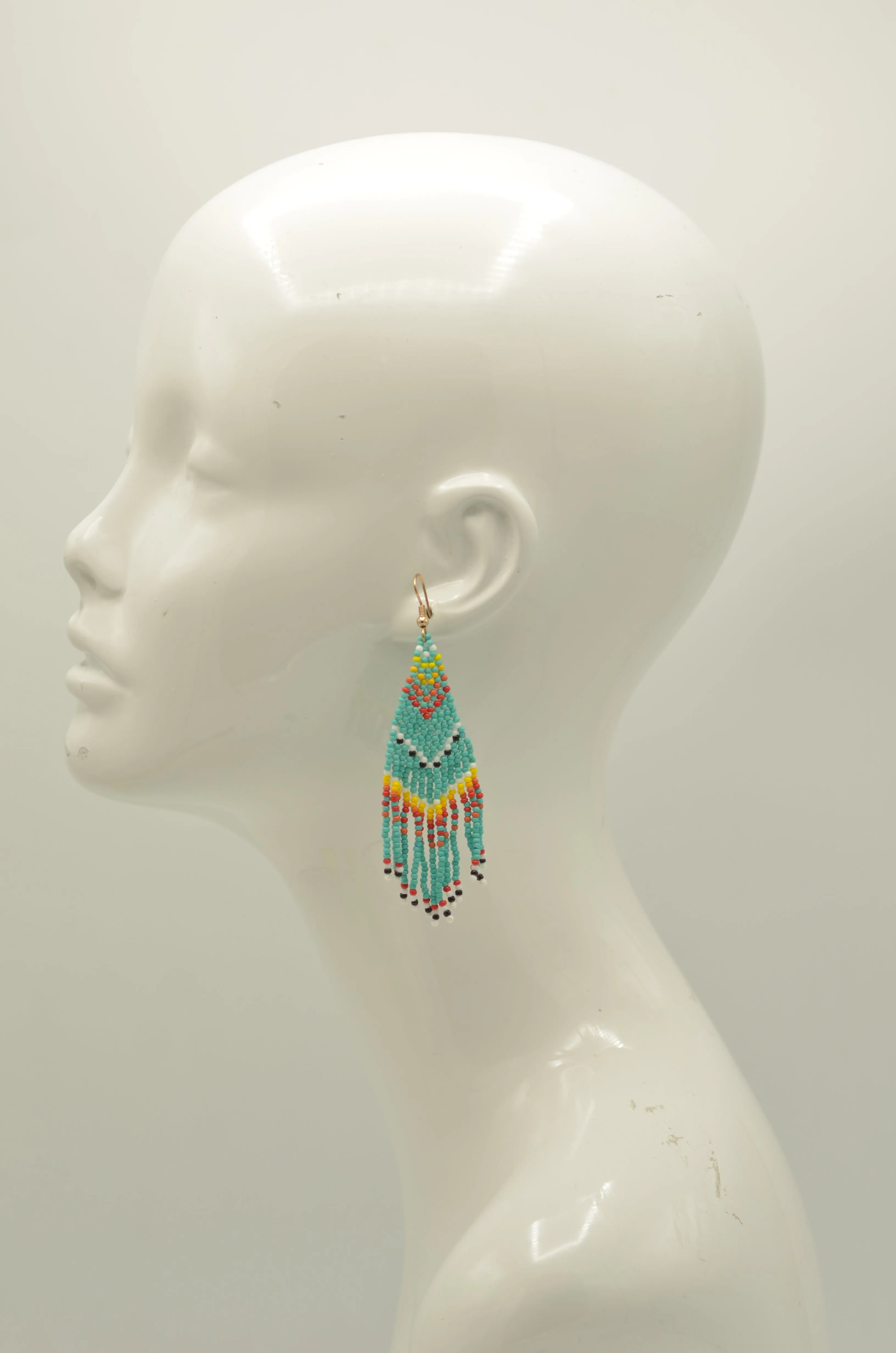 Turquoise and Multi-Color Bohemian Seed Bead Long Tassel Earrings#ER-1171