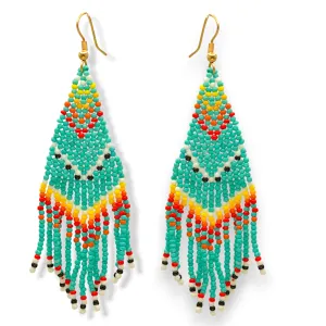 Turquoise and Multi-Color Bohemian Seed Bead Long Tassel Earrings#ER-1171