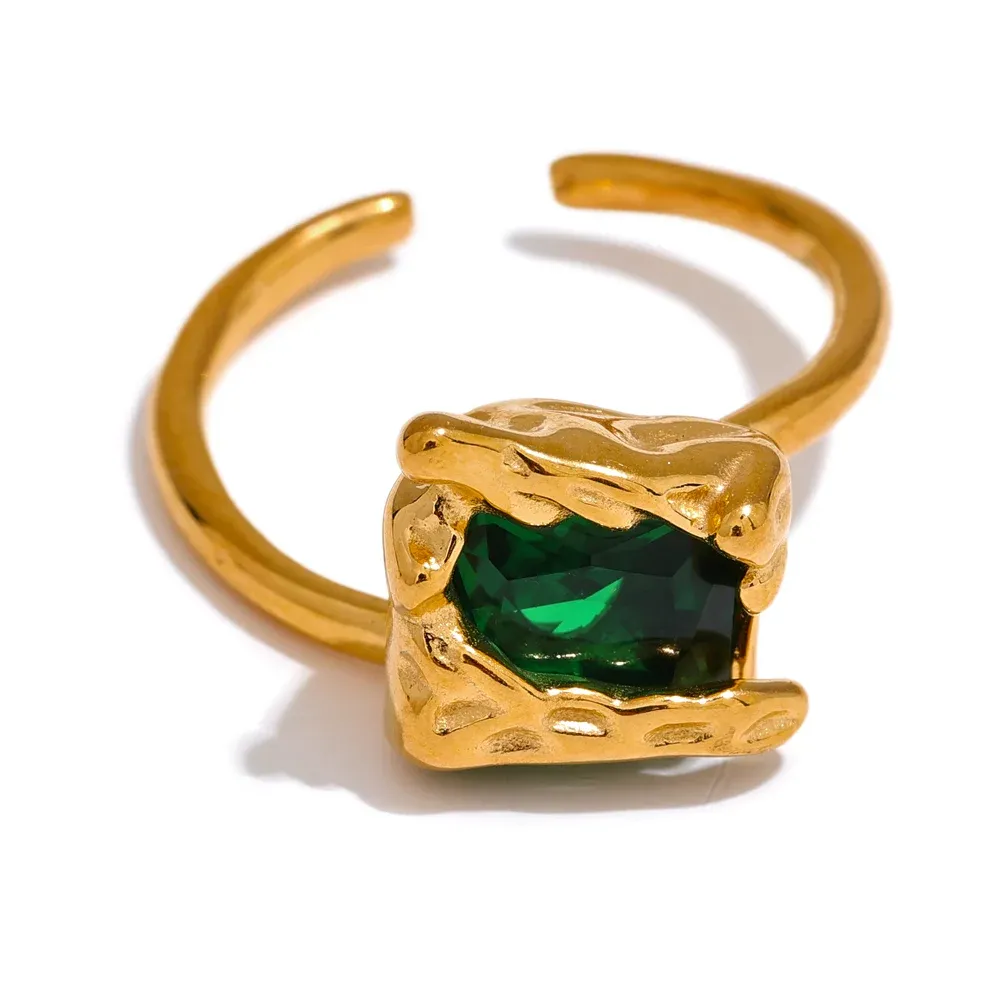 VAIGE Stunning Geometric Black and Green Cubic Zirconia Textured Ring in Stainless Steel