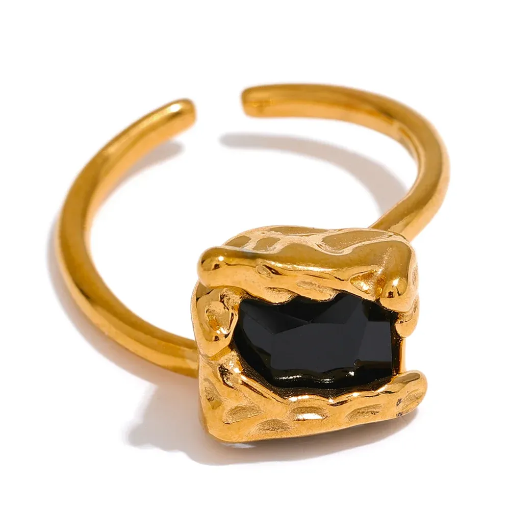 VAIGE Stunning Geometric Black and Green Cubic Zirconia Textured Ring in Stainless Steel