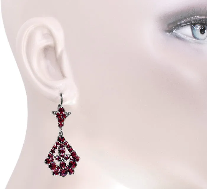 Victorian Bohemian Garnet Leaf Drop Earrings in Antiqued Sterling Silver