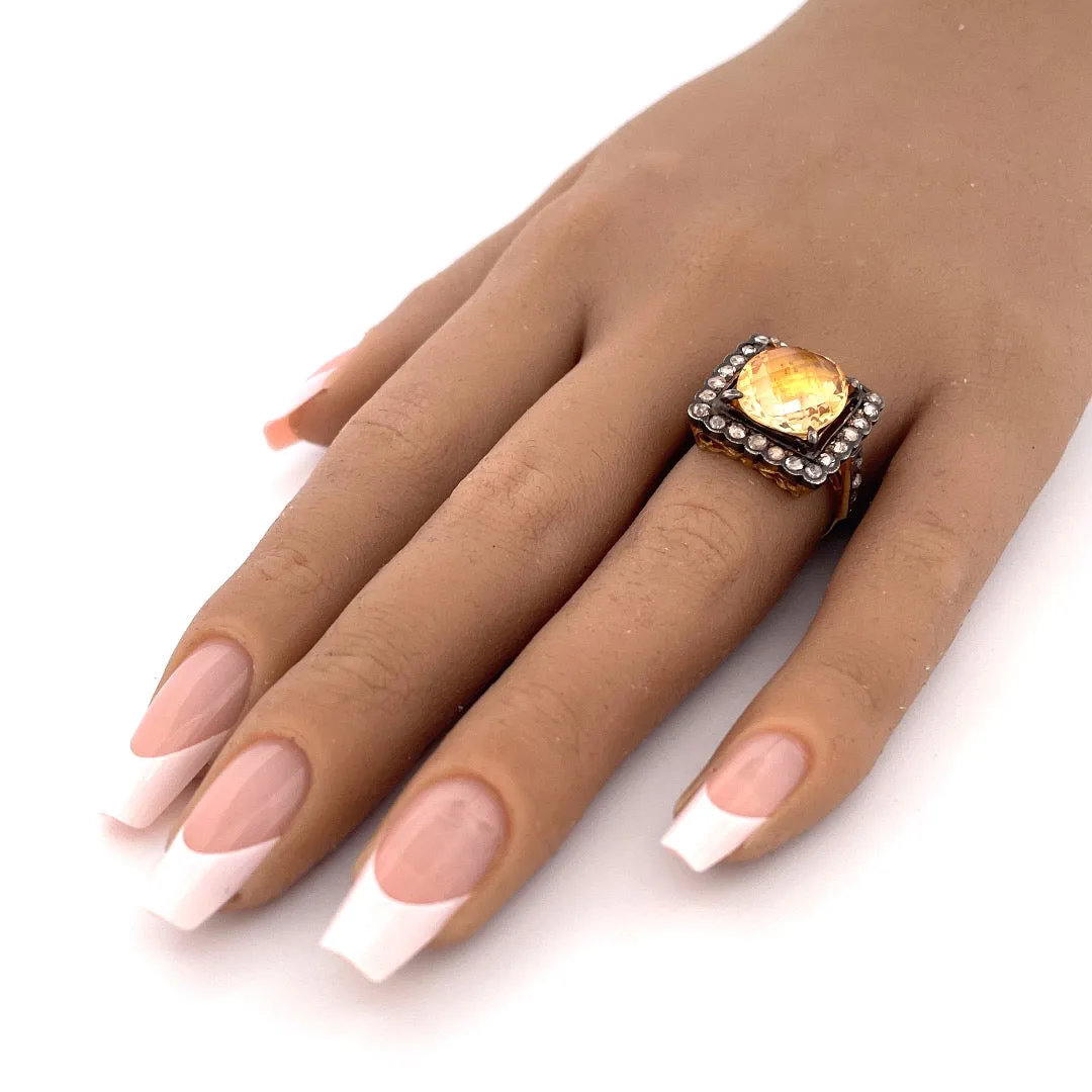 Vintage 18k Yellow Gold Citrine and Diamond Ring