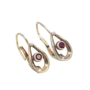Vintage 1980s Bohemian Garnet and 900 Silver Gold Wash Pierced Small Earrings - 80s Red Czech Garnet Drop Earrings