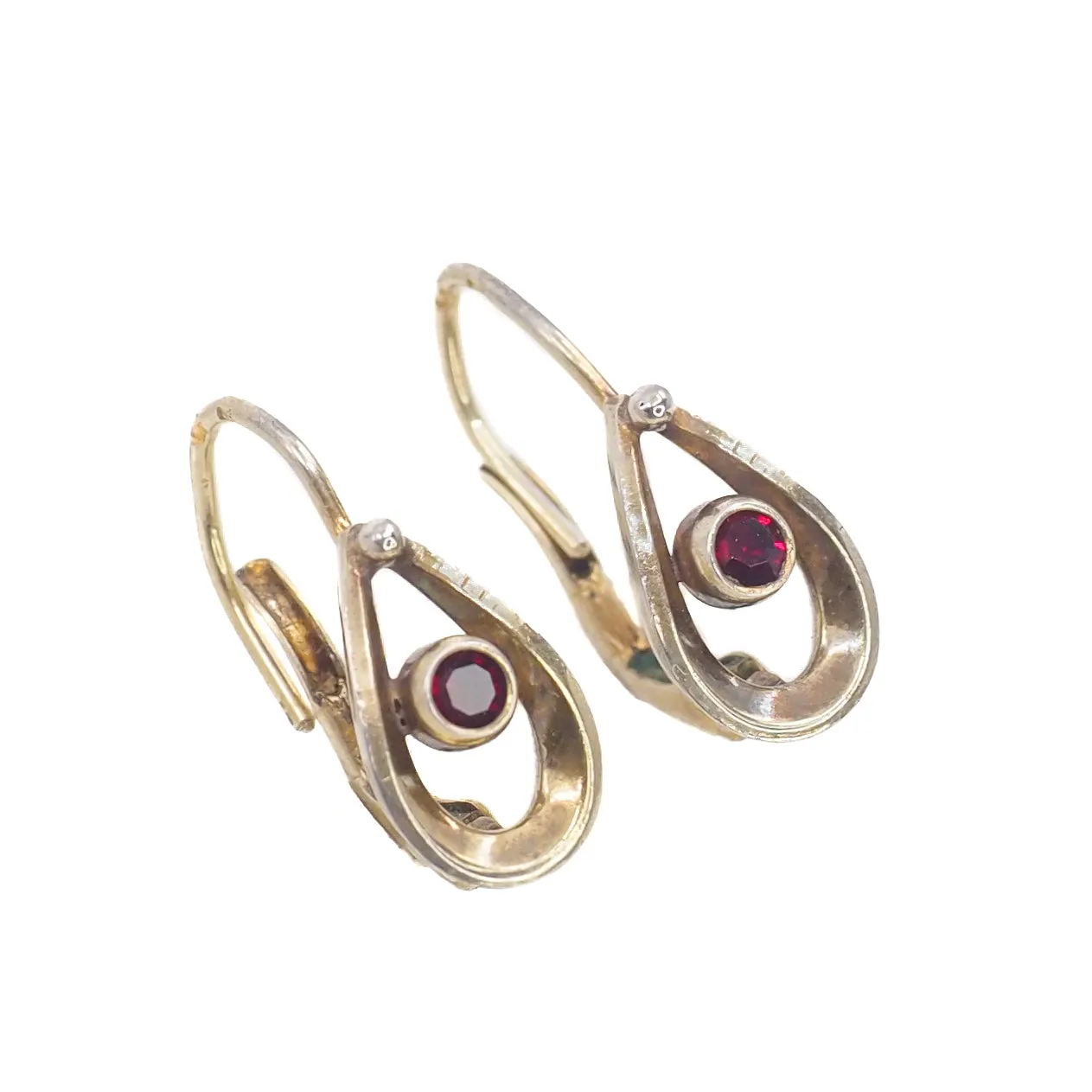 Vintage 1980s Bohemian Garnet and 900 Silver Gold Wash Pierced Small Earrings - 80s Red Czech Garnet Drop Earrings