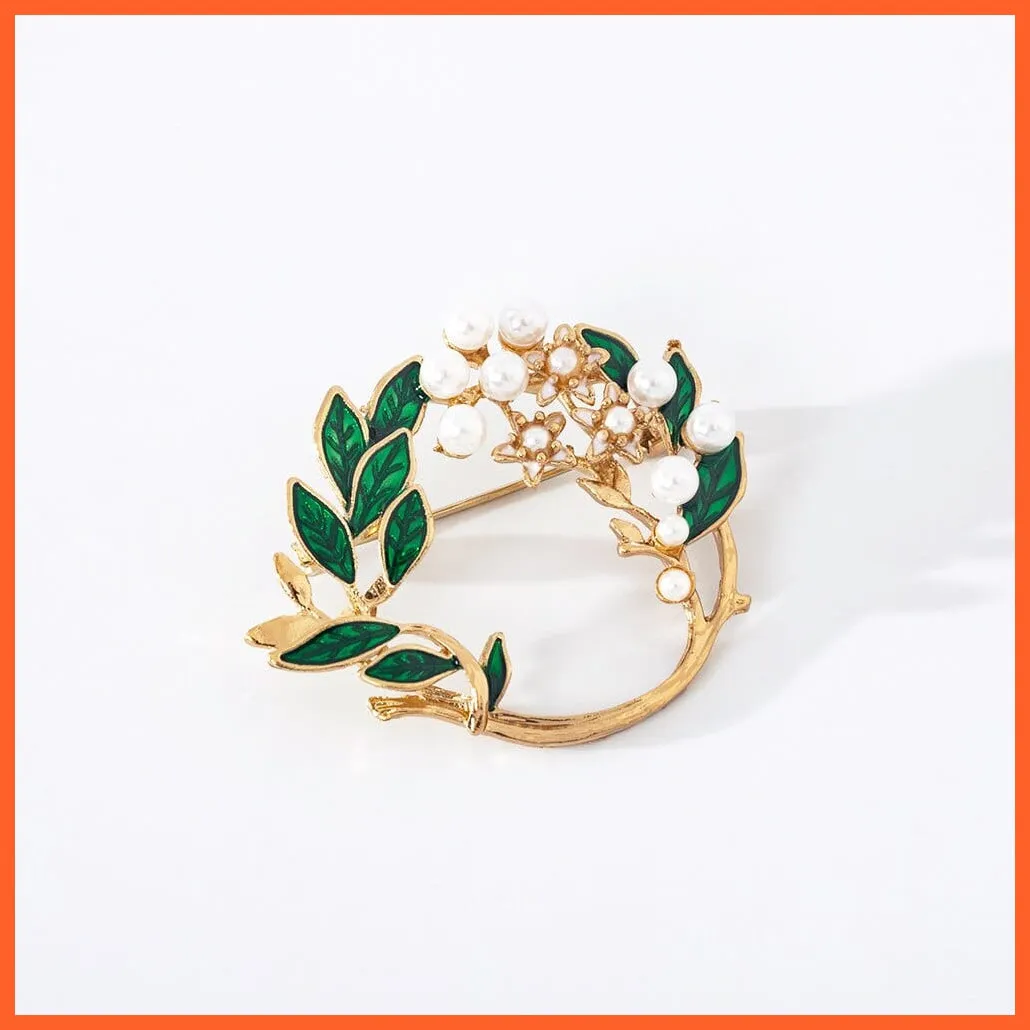 Vintage Flower Collar Brooches  | Lapel Pins White Pearl Beads Green Leaves Brooches