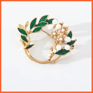 Vintage Flower Collar Brooches  | Lapel Pins White Pearl Beads Green Leaves Brooches