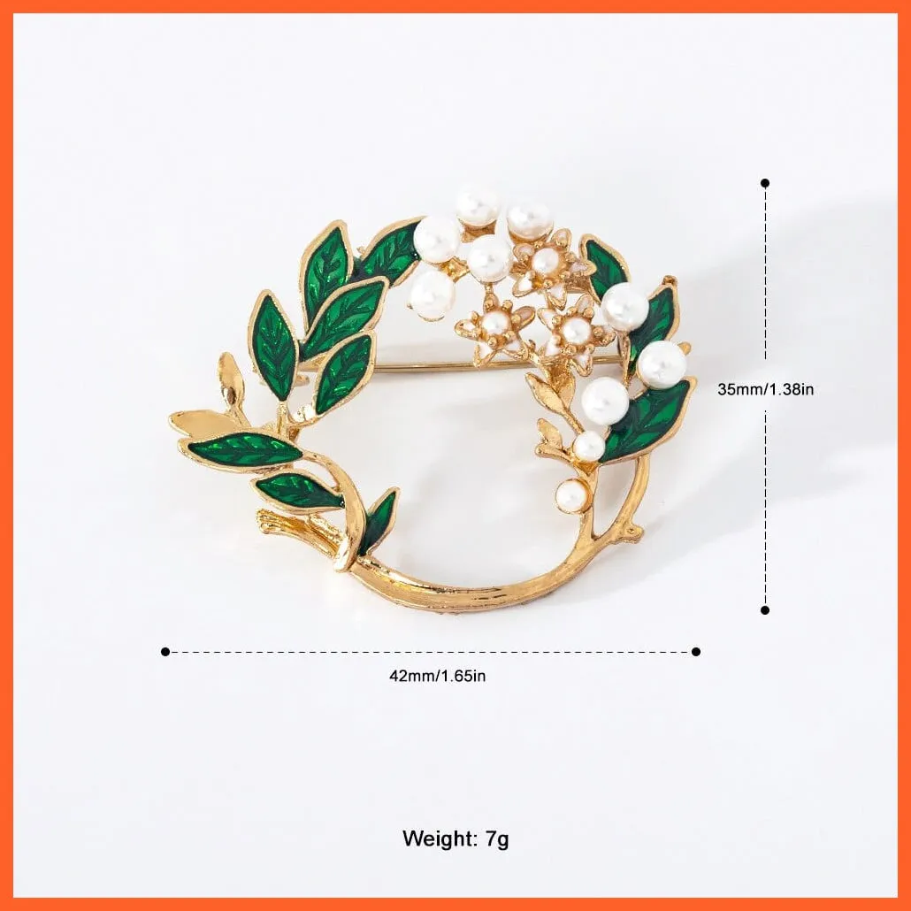 Vintage Flower Collar Brooches  | Lapel Pins White Pearl Beads Green Leaves Brooches