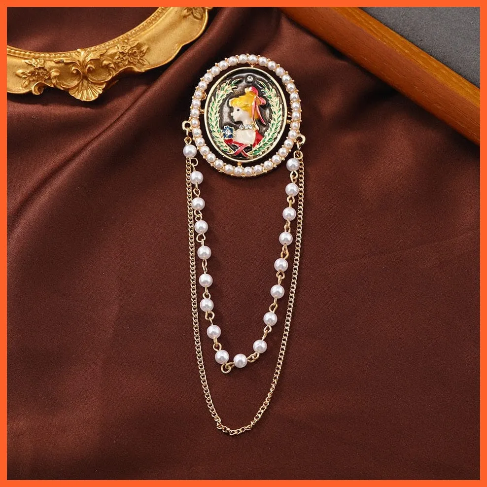 Vintage Royal Women Portrait Enamel Tassel Pearl Badges And Brooch Pins