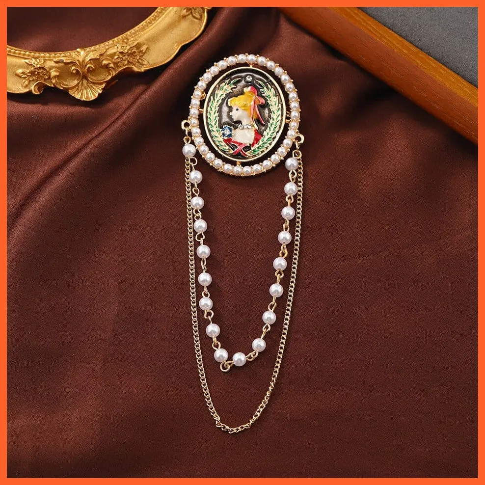 Vintage Royal Women Portrait Enamel Tassel Pearl Badges And Brooch Pins