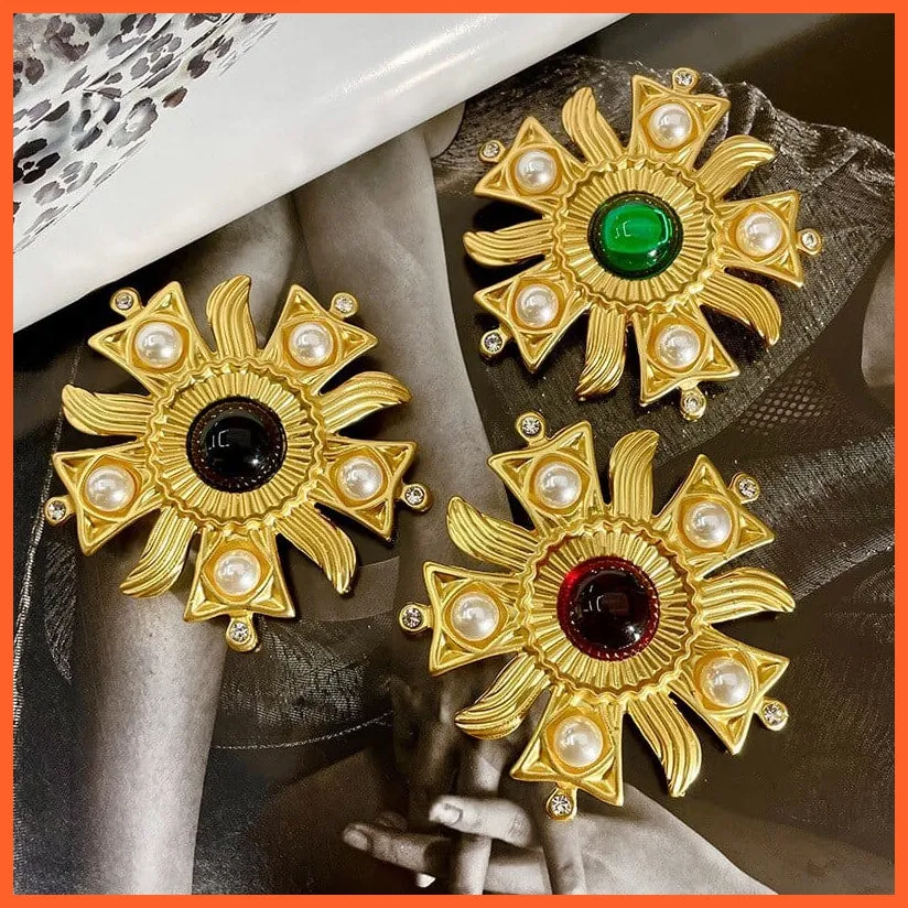 Vintage Sun Flower Rhinestone Pearl Brooches Pins For Women