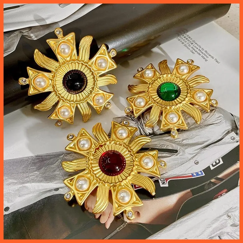 Vintage Sun Flower Rhinestone Pearl Brooches Pins For Women