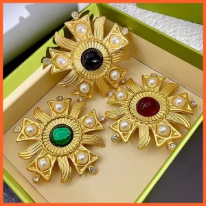 Vintage Sun Flower Rhinestone Pearl Brooches Pins For Women