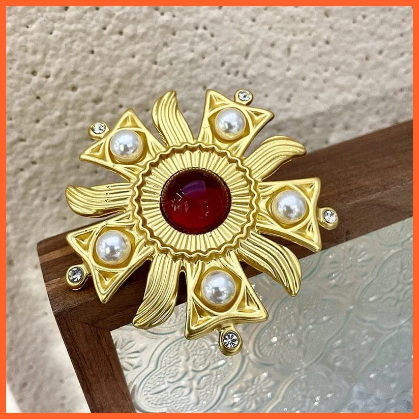 Vintage Sun Flower Rhinestone Pearl Brooches Pins For Women