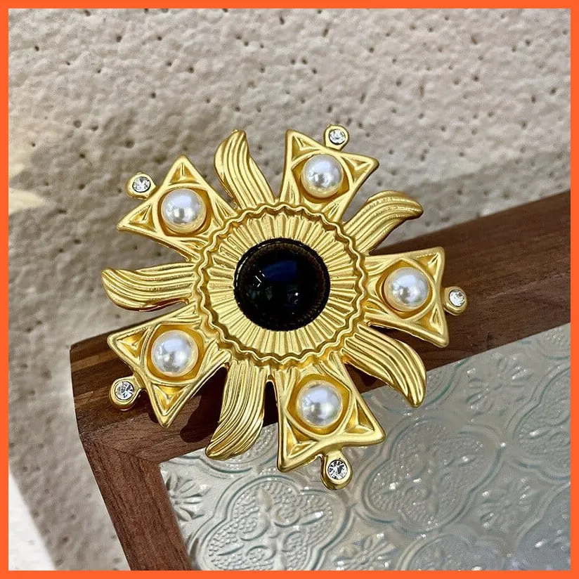 Vintage Sun Flower Rhinestone Pearl Brooches Pins For Women