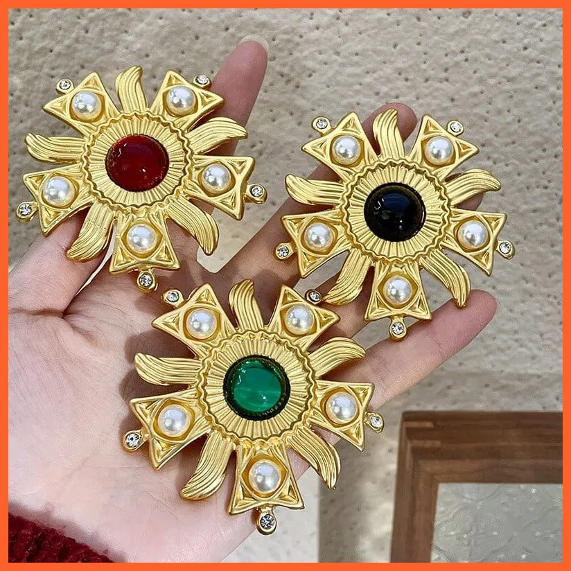 Vintage Sun Flower Rhinestone Pearl Brooches Pins For Women