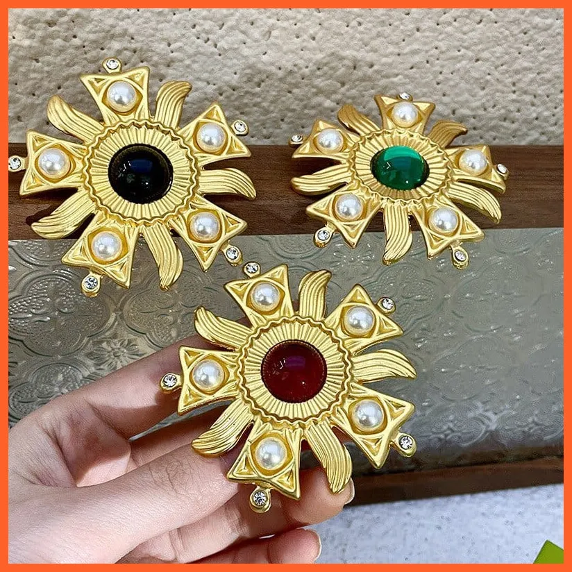 Vintage Sun Flower Rhinestone Pearl Brooches Pins For Women