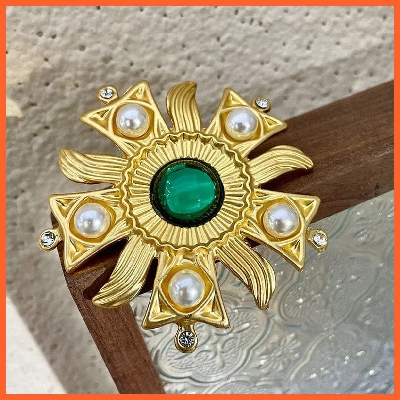 Vintage Sun Flower Rhinestone Pearl Brooches Pins For Women