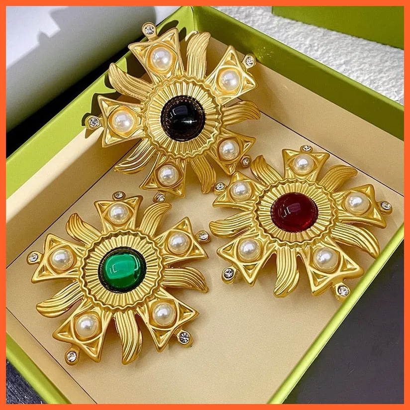 Vintage Sun Flower Rhinestone Pearl Brooches Pins For Women