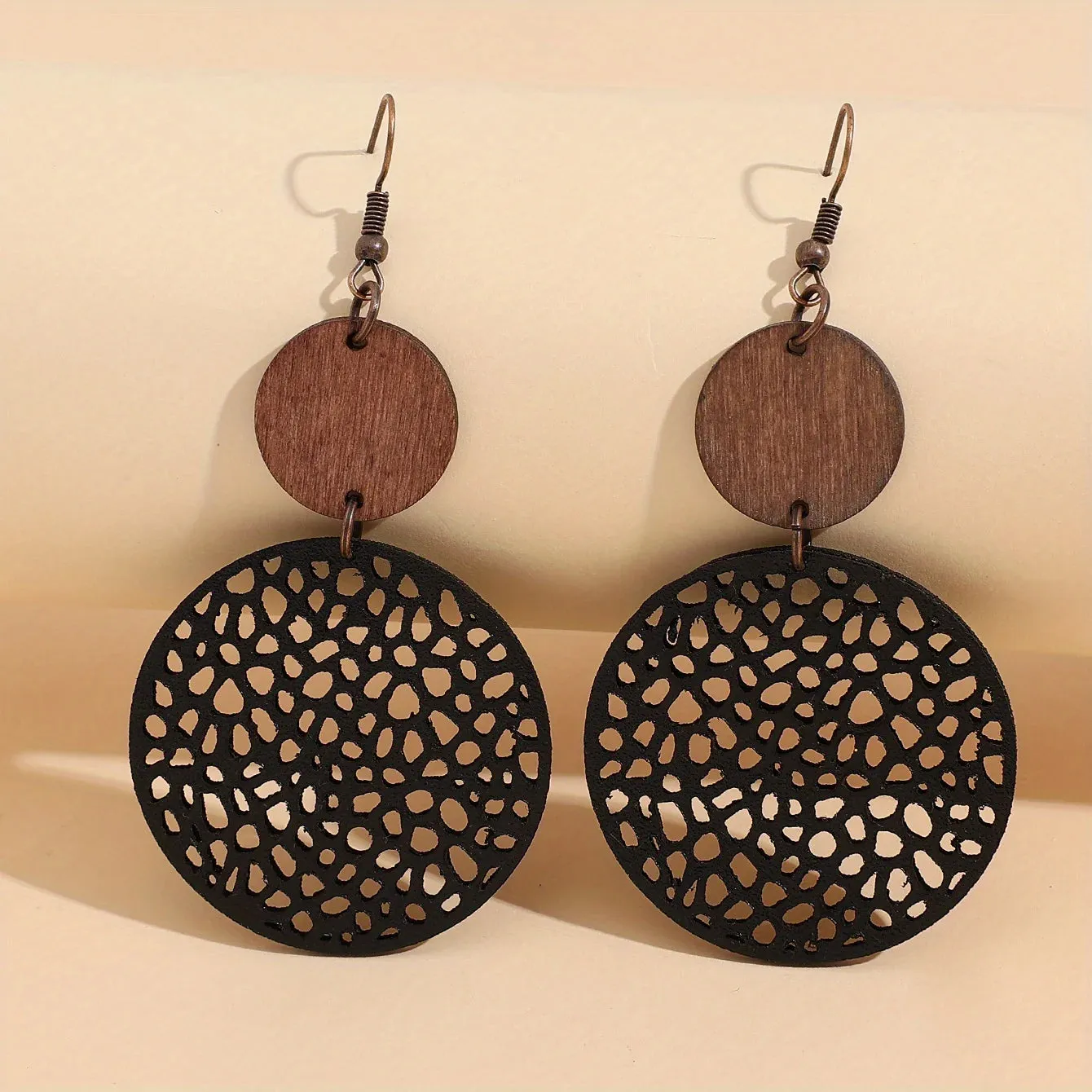 Vintage Wood & Leather Drop Earrings | Hollow Round Bohemian Earrings | Women's Jewelry
