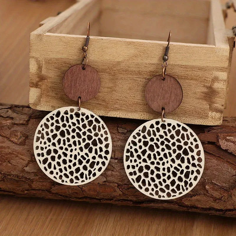 Vintage Wood & Leather Drop Earrings | Hollow Round Bohemian Earrings | Women's Jewelry