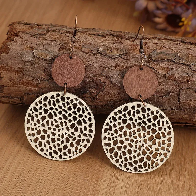Vintage Wood & Leather Drop Earrings | Hollow Round Bohemian Earrings | Women's Jewelry