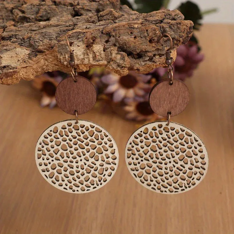 Vintage Wood & Leather Drop Earrings | Hollow Round Bohemian Earrings | Women's Jewelry