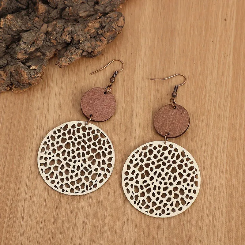 Vintage Wood & Leather Drop Earrings | Hollow Round Bohemian Earrings | Women's Jewelry