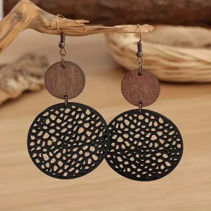 Vintage Wood & Leather Drop Earrings | Hollow Round Bohemian Earrings | Women's Jewelry