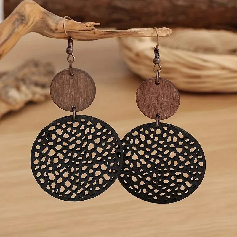 Vintage Wood & Leather Drop Earrings | Hollow Round Bohemian Earrings | Women's Jewelry