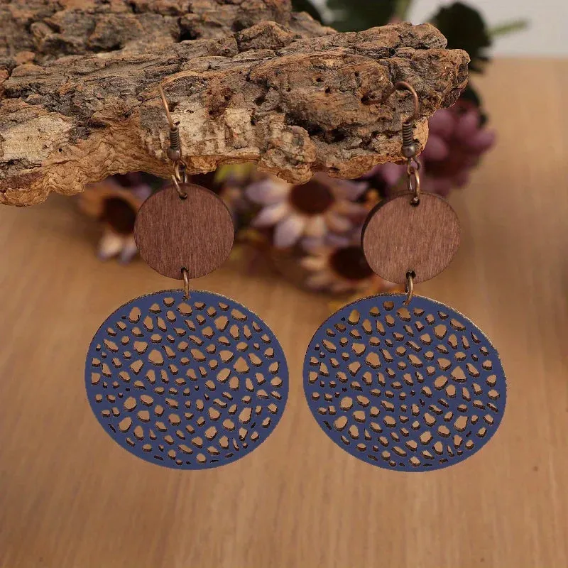Vintage Wood & Leather Drop Earrings | Hollow Round Bohemian Earrings | Women's Jewelry