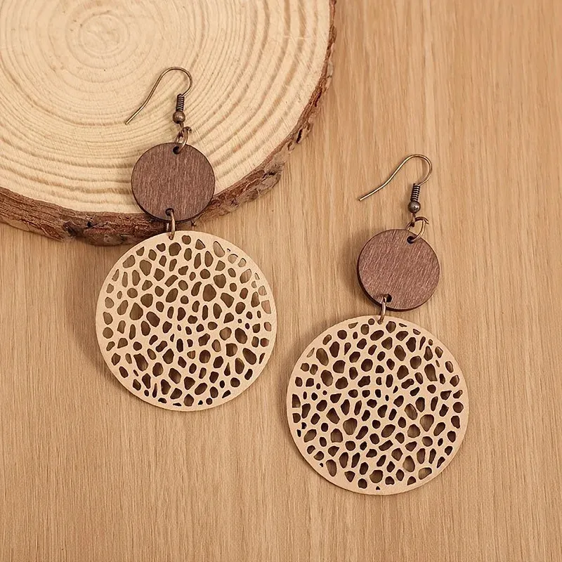 Vintage Wood & Leather Drop Earrings | Hollow Round Bohemian Earrings | Women's Jewelry